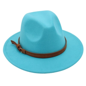 Detail of a bright blue wool fedora hat featuring a brown leather belt with metal buckle
