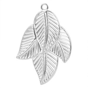 Detailed view of 18k silver plated stainless steel leaf pendants with fine vein texture