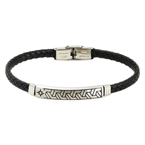 Herren Armband aus schwarzem geflochtenem Leder mit gravierter Edelstahlschnalle