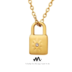 Padlock Pendant Necklace 18K Gold Plated Titanium Steel Sunburst Engraved Zircon Minimalist Jewelry For Women