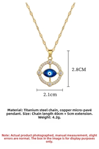 Detailed view of evil eye pendant with dimensions and gold titanium steel chain