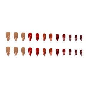 Set of 24 pieces long almond press-on nails in glossy red and nude gradient shades