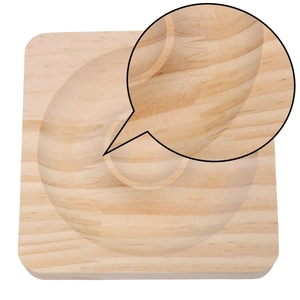 Detail view of square pine wood tray with round groove and natural grain finish