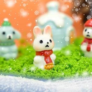 Cute white bunny figurine with red scarf for Christmas DIY micro landscape decor