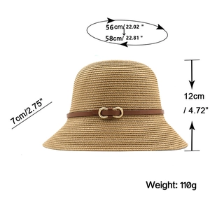 Chapeau de soleil en paille avec boucle en cuir, circonférence de tête 56-58cm pour femme