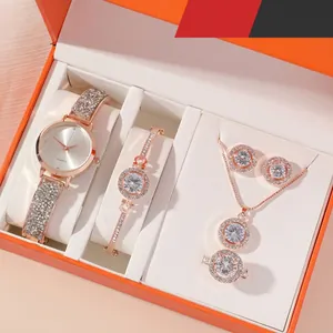 Women Wrist Watch Necklace Bracelet Earrings Ring Rhinestone Inlaid Alloy Jewelry Starry Sky Dial Elegant Fashion