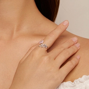 S925 sterling silver open ring with pink enamel cherry blossoms and zircon leaves