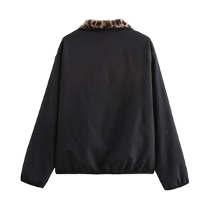 Detailed back view of a black bomber jacket featuring a stylish leopard faux fur collar