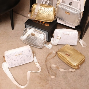 Women PU Leather Crossbody Bag Chevron Plaid Star Pattern Wide Strap Camera Bag Fashion Shoulder Handbag Metallic Texture