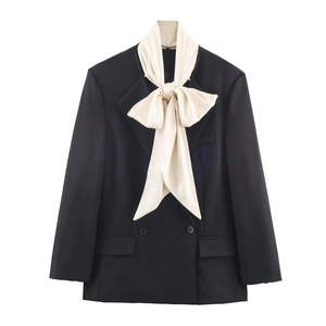 Women Blazer Coat With Large Cream White Satin Bow Contrast Color Double Breasted Elegant Audrey Hepburn Style