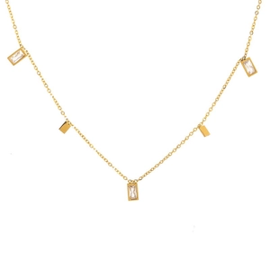 Elegant gold titanium necklace with tassel zircon pendants and geometric rectangle charms