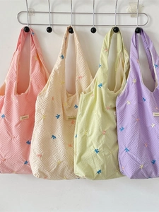 Women Tote Bag Fresh Bowknot Embroidery Polyester Waffle Texture Large Capacity Shoulder Bag Casual Sweet Style