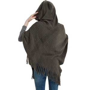 Women's coffee brown knit hooded poncho with faux fur trim and long fringe tassels