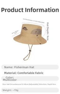 Detailed chart showing khaki sun hat size, breathable mesh, and adjustable wind cord