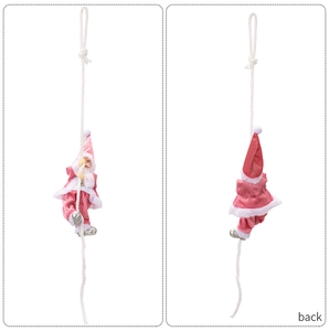 Detailed front and back view of a pink velvet Santa Claus climbing a white rope ornament