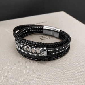 Men's multilayer braided black leather bracelet with silver chain and magnetic clasp