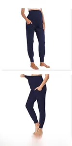 Detailed view of high-waisted maternity yoga joggers in navy blue with belly support