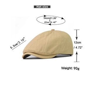 Detailed dimension guide for the retro cotton flat cap showing size and weight specs