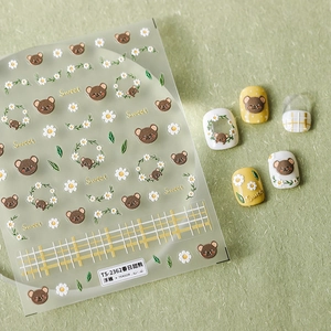 3D Relief Nail Art Stickers Cartoon Bear Daisy Self Adhesive PET Decals Manicure DIY Decoration Women Girls Sweet Style