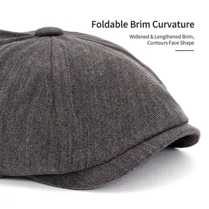 Herringbone newsboy hat with foldable wide brim and premium wool texture for men