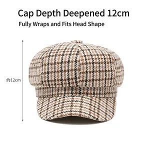 Japanese retro plaid octagonal newsboy hat for women with 12cm depth for better coverage