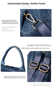 Detail of dark blue vintage backpack showing bronze metal hooks and adjustable straps