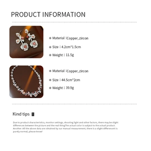 Detailed chart showing copper and zircon rose jewelry set dimensions and specifications