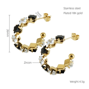 Macro detail of gold plated stainless steel C-hoop earrings with zircon inlay measurements