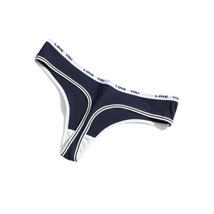 Navy blue ribbed cotton thong with elastic LOVE YOU waistband on white background