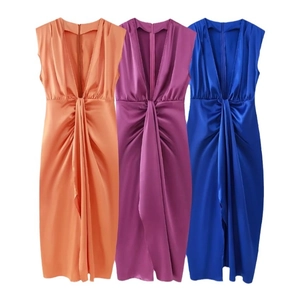 Robe plissée en satin sans manches avec col en V en orange, violet et bleu, lot de trois