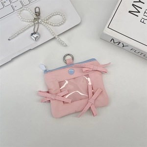 Pink bow card holder with transparent PVC window for photo display and blue zipper detail