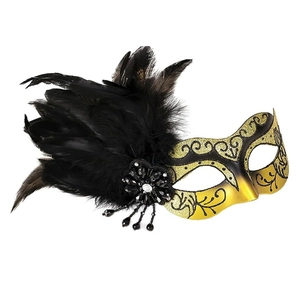 Masque de bal vénitien élégant avec plumes noires et paillettes dorées pour fêtes