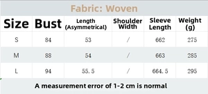 Detailed size chart for the off-shoulder knitted top with woven fabric specifications