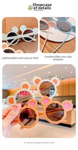 Detailed view of cute bear ear kids sunglasses showing foldable frames and colors