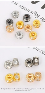 Dettaglio di distanziatori forati con strass multicolore per braccialetti fai-da-te
