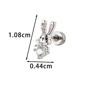 Cute pink rabbit stud earring in silver with clear gemstone, size 1.08cm by 0.44cm