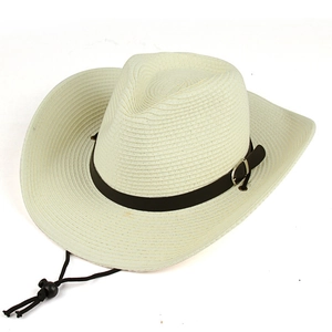 Western straw cowboy hat with wide brim, faux leather band and adjustable chin strap