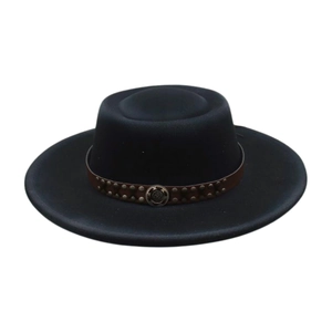Classic black wool jazz fedora hat with wide brim and studded brown leather band decoration