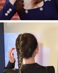 Detail of sparkling star chain hair accessory woven into a braid and silver pearl button