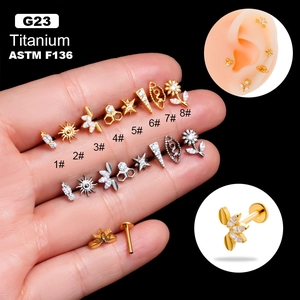G23 Titanium Labret Lip Stud Internally Threaded Ear Cartilage Nail With Zircon Flower Star Piercing Jewelry For Women