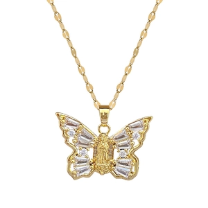 Elegant gold butterfly pendant necklace with Virgin Mary relief and sparkling zircons