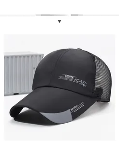 Detail of black mesh baseball cap with SPORTS printing and breathable side panels