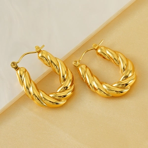 French style 18k gold plated stainless steel twisted rope hoop earrings for women