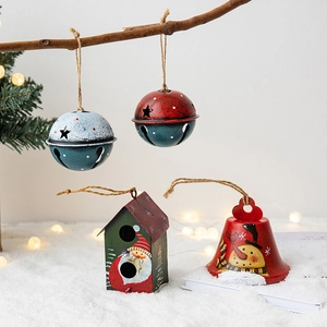Nordic Vintage Metal Christmas Bell Pendant Santa Claus Snowman Pattern Hollow Stars Hanging Iron Ornament For Christmas Tree