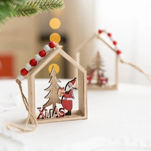 Nordic wooden house Christmas tree ornament with Santa motif and warm LED bokeh background
