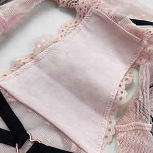 Pink lace mesh panties with black webbing and soft cotton lining detail