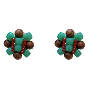 Ethnic style round resin cross earrings with green and brown beads on a clean white background