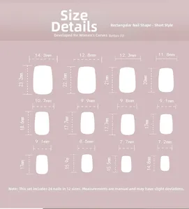 Size chart showing 24pcs pink French gradient press-on nails in 12 different square sizes