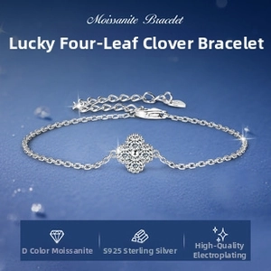 Macro shot of S925 sterling silver clover bracelet with sparkling D color moissanite stones