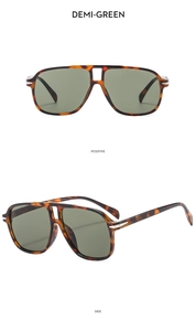 Front and side views of demi-green pilot sunglasses with tortoiseshell frames